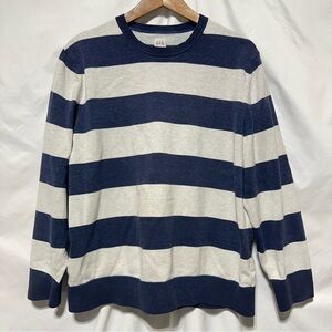GAP Men’s L Striped Sweater Navy Beige Relaxed Cozy Preppy Knit